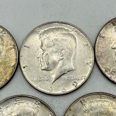LOT 173: Kennedy Half Dollar Coins (10) 1968, 1969 - 40% Silver