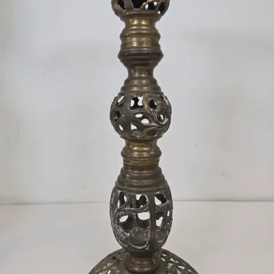 LOT 70: 2 Vintage Filigree Brass Candlestick Holders/ 33" & 17" and Baroque-style Brass Altar Candlestick/ 23"