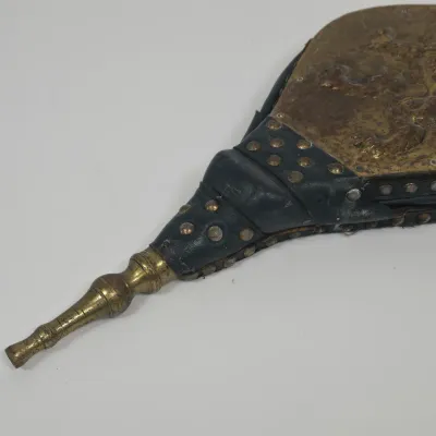 LOT 58: 2 Vintage Coiled Brass Hunting Horns and Fireplace Bellows Crafted from Wood and Brass