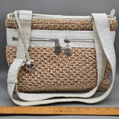 LOT 158: Brighton Woven Straw Shoulder Bag Featuring White Croc-embossed Leather Trim