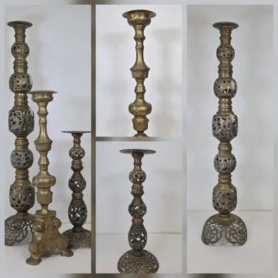 LOT 70: 2 Vintage Filigree Brass Candlestick Holders/ 33" & 17" and Baroque-style Brass Altar Candlestick/ 23"