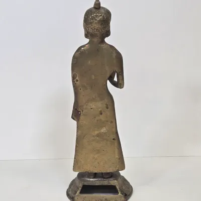 LOT 47: Southeast Asian Standing Metal Buddha Statue and Pair of Candlestick Holders
