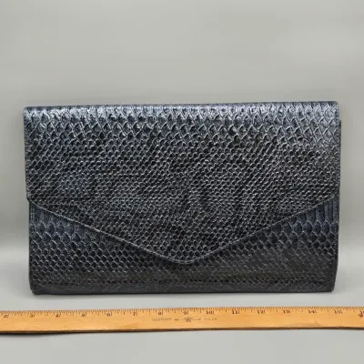 LOT 144: Black and Silver Faux Snakeskin Envelope Clutch Purse by Giannini