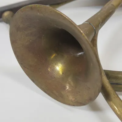 LOT 58: 2 Vintage Coiled Brass Hunting Horns and Fireplace Bellows Crafted from Wood and Brass