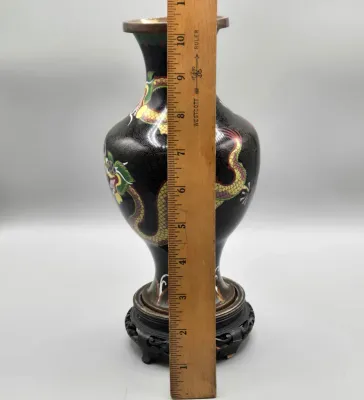 LOT 124: Vintage Chinese Cloisonne Enamel Vase on a Carved Wooden Display Stand