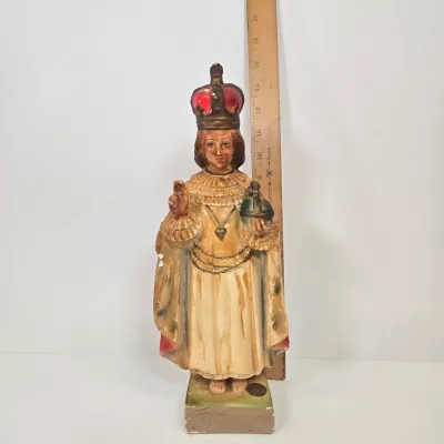 LOT 52: Statue Depicting the Infant Jesus of Prague, Multiple Scapulars, Italian-made Crucifix Pendant, and More