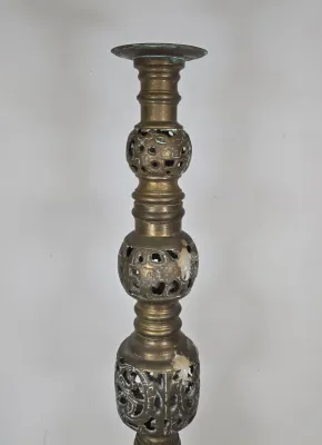 LOT 70: 2 Vintage Filigree Brass Candlestick Holders/ 33" & 17" and Baroque-style Brass Altar Candlestick/ 23"