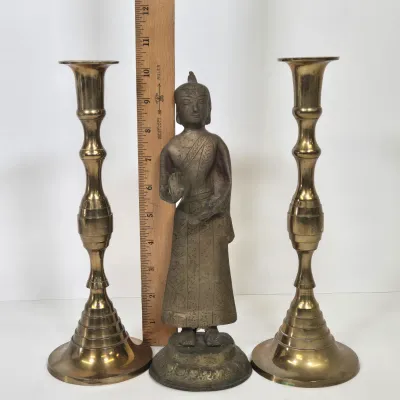 LOT 47: Southeast Asian Standing Metal Buddha Statue and Pair of Candlestick Holders