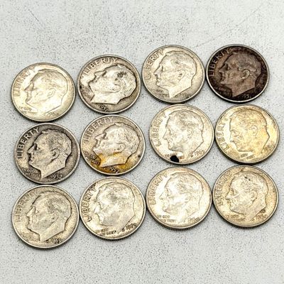 LOT 179: US Roosevelt Dimes ( 12 Coins) - 1950s, 60s - 90% Silver