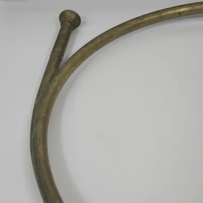 LOT 58: 2 Vintage Coiled Brass Hunting Horns and Fireplace Bellows Crafted from Wood and Brass