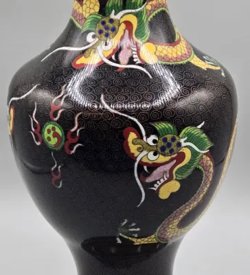 LOT 124: Vintage Chinese Cloisonne Enamel Vase on a Carved Wooden Display Stand