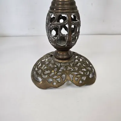 LOT 70: 2 Vintage Filigree Brass Candlestick Holders/ 33" & 17" and Baroque-style Brass Altar Candlestick/ 23"