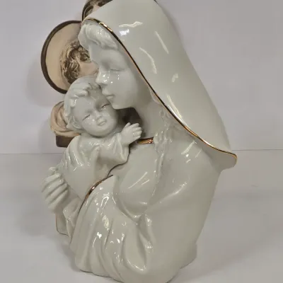 LOT 50: Holy Family Music Box Figurine, Vintage Mikasa Holiday Elegance Madonna and Child Porcelain Figurine, and Madonna and Child Wall...