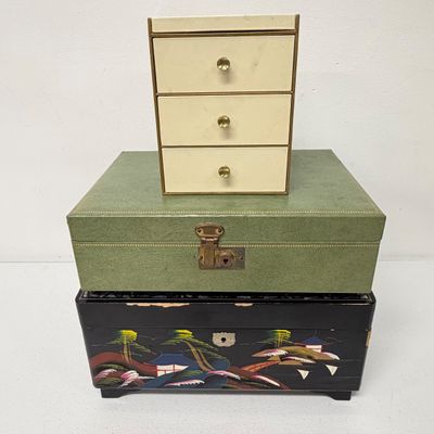 LOT 164: Vintage Jewelry Boxes with Costume Jewelry Collection Plus Craft / Repair Items