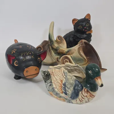 LOT 46: Vintage Hand-painted Ceramic Mallard Duck Planter Made in Occupied Japan, Hull Art Pottery Parchment & Pine Cornucopia Vase...