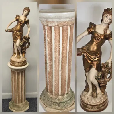 LOT 64: Vintage Figural Sculpture and Pedestal Stand in the Art Nouveau Style / Figurine is 27" Tall and Stand is 25" Tall