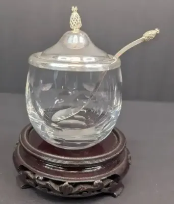 Glass and Sterling Silver Pineapple Adorned Sugar Bowl