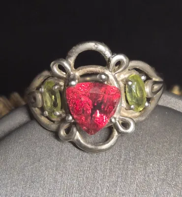 1.0 Carat Natural Trillion Red Andesine set Victorian filigree ring [size 7]