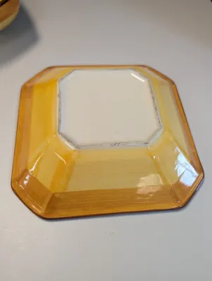 Vintage Folk Art Pottery Serving Dishes Yellow w/ Olive Design