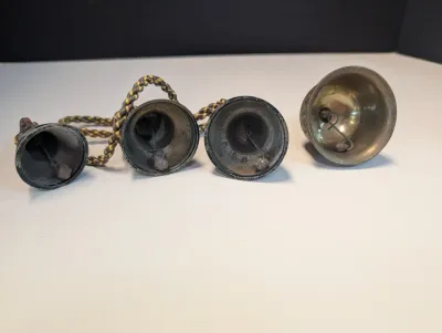 3 Brass Bells w/ Rope & Etched Bell w/ Decorative Handle