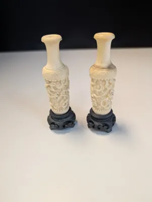 Pair Of Finely Styled Carved Chinese Miniature Ivory Vases
