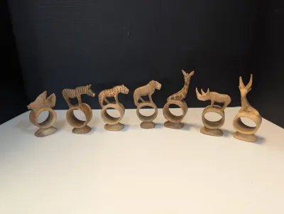 Vintage Wood Safari Animal Napkin Rings Set Of 7