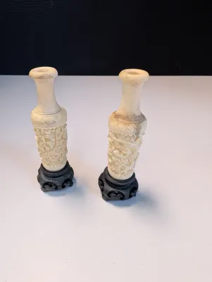 Pair Of Finely Styled Carved Chinese Miniature Ivory Vases