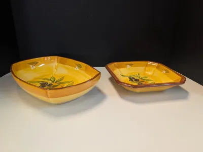 Vintage Folk Art Pottery Serving Dishes Yellow w/ Olive Design