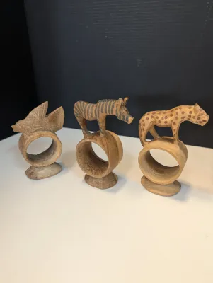 Vintage Wood Safari Animal Napkin Rings Set Of 7