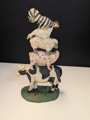 Vintage 9" Cast Iron Doorstop Midwest Importers Farm House Animal Stack Cow, Pig, Sheep, Duck & Rooster