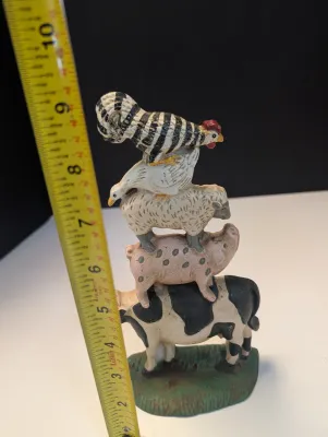 Vintage 9" Cast Iron Doorstop Midwest Importers Farm House Animal Stack Cow, Pig, Sheep, Duck & Rooster