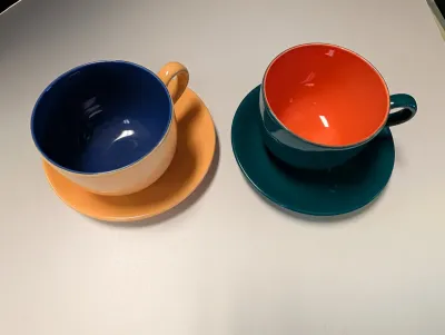 Pair Of Two Toned Coffee Cups w/ Saucers