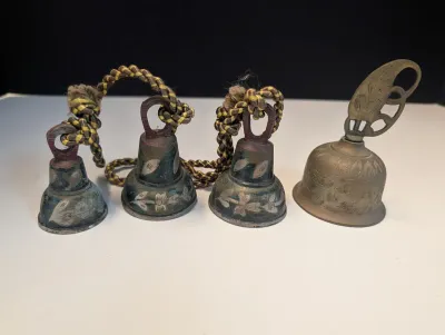 3 Brass Bells w/ Rope & Etched Bell w/ Decorative Handle