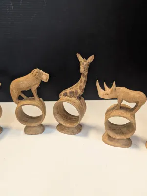 Vintage Wood Safari Animal Napkin Rings Set Of 7