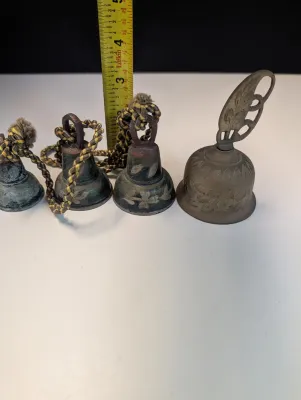 3 Brass Bells w/ Rope & Etched Bell w/ Decorative Handle