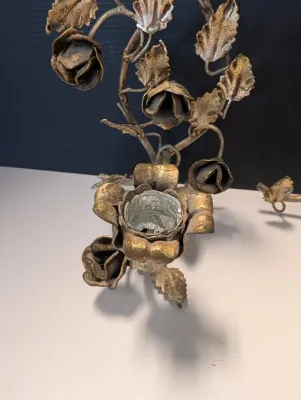 Gold Tone Metal Floral Design Candle Holder