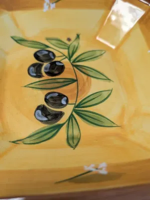 Vintage Folk Art Pottery Serving Dishes Yellow w/ Olive Design