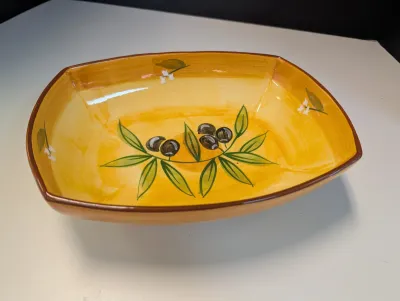 Vintage Folk Art Pottery Serving Dishes Yellow w/ Olive Design