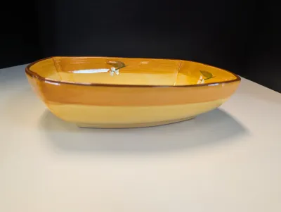 Vintage Folk Art Pottery Serving Dishes Yellow w/ Olive Design