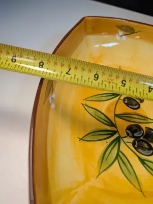 Vintage Folk Art Pottery Serving Dishes Yellow w/ Olive Design