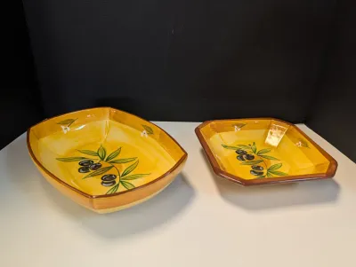 Vintage Folk Art Pottery Serving Dishes Yellow w/ Olive Design