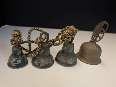 3 Brass Bells w/ Rope & Etched Bell w/ Decorative Handle