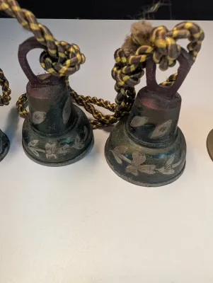 3 Brass Bells w/ Rope & Etched Bell w/ Decorative Handle