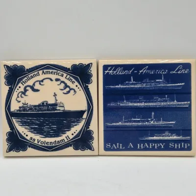 LOT 18L: Set of 8 Vintage Delft Blue Ceramic Souvenir Tile Coasters Issued by the Holland America Line