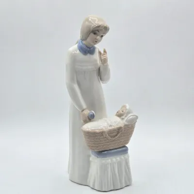 LOT 20L: Tengra Vintage Hand-made Spanish Porcelain Figurine of a Young Mother Standing Next to an Infant in a Bassinet