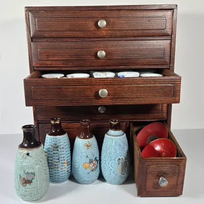 LOT 132F: Large Collection of Antique Japanese Military Sake Cups, Four Sake Bottles, and Beautiful Wood Chest for Storage