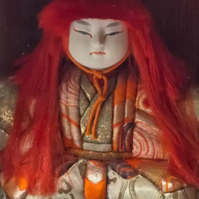LOT 85L: Vintage Japanese Kimekomi Kabuki Doll Depicting a Renjishi (Lion Dancer) in Display Case and Miniature Pokkuri Sandals