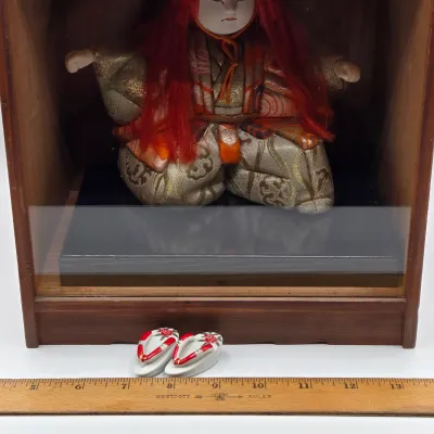 LOT 85L: Vintage Japanese Kimekomi Kabuki Doll Depicting a Renjishi (Lion Dancer) in Display Case and Miniature Pokkuri Sandals