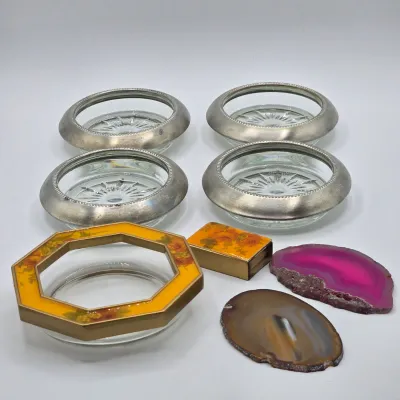 LOT 16L: Set of 4 Pewter Rimmed Glass Coasters, Vintage Matching Glass and Enamel Smoking Set Featuring an Octagonal Ashtray and a...