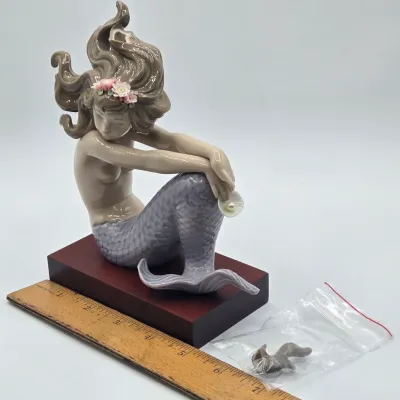 LOT 14L: DAMAGED /REPAIR Lot - Two Handcrafted Lladró Mermaid Figurines, Retired Lladró Geisha Porcelain Figurine, and Vintage 1985...